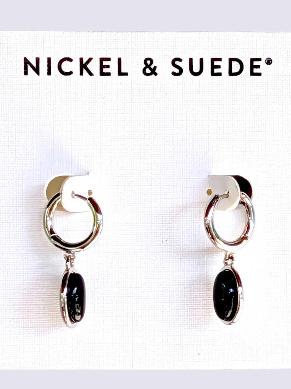 Nickel & Suede Silver Hoop Earrings with Black Drop Stones